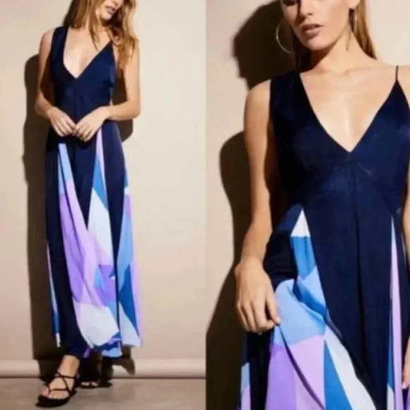 Free People Satin Color Block Geometric V-Neck Purple/Blue Maxi Dress Size XS - Picture 1 of 11